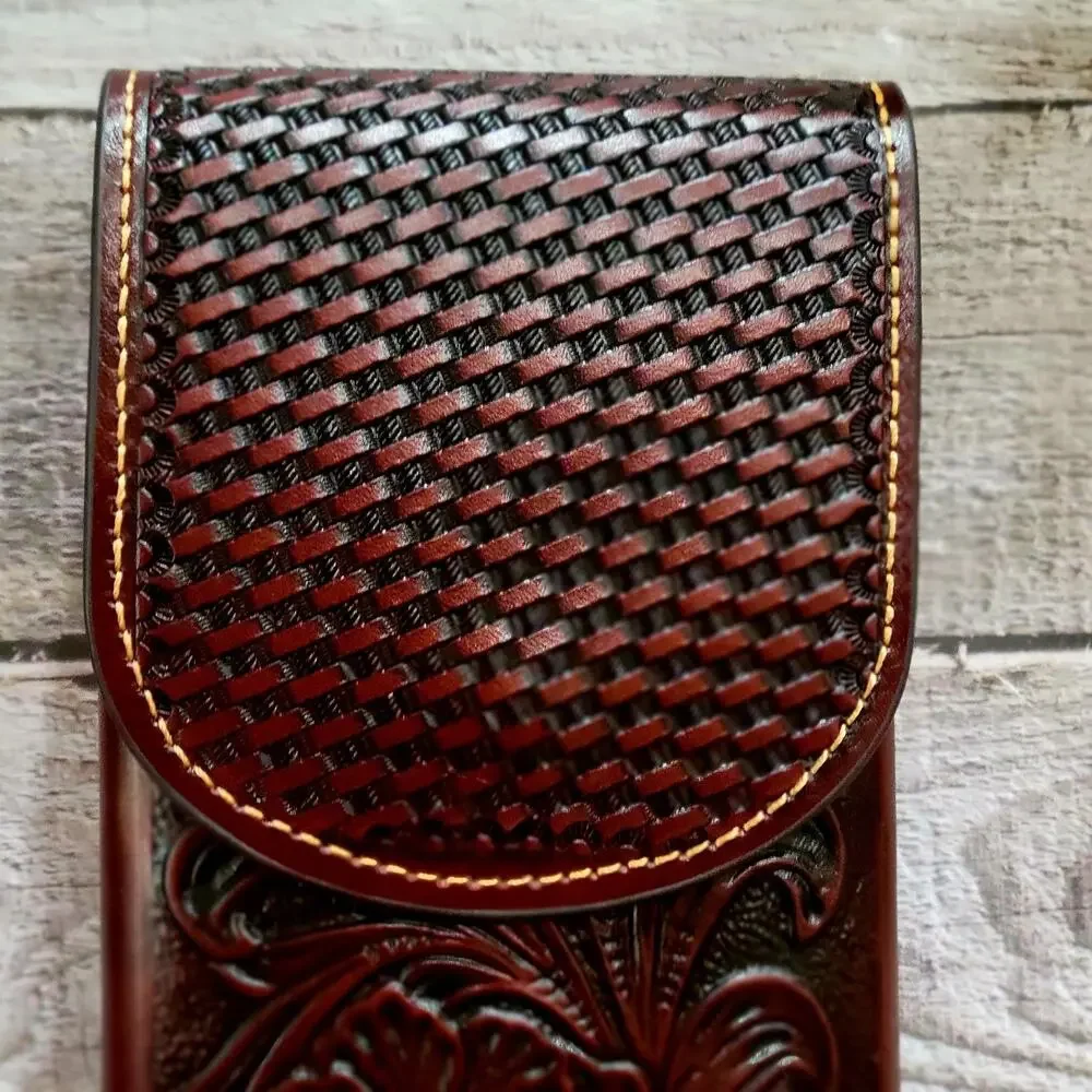 Western Cowboy Belt Loop Phone Holster Brown LARGE Genuine Leather Basketweave